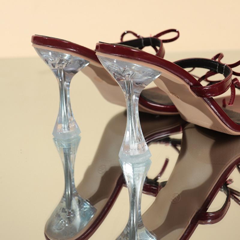 Fashion Women's 2025 Summer Internet-famous New Slim and High-heeled Sandals with Water Diamond Bow Ties Worn Over Them