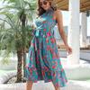 Vintage Print Halter Sleeveless Long Dress Women Spring Summer Holiday Lace Up Strap S-XL