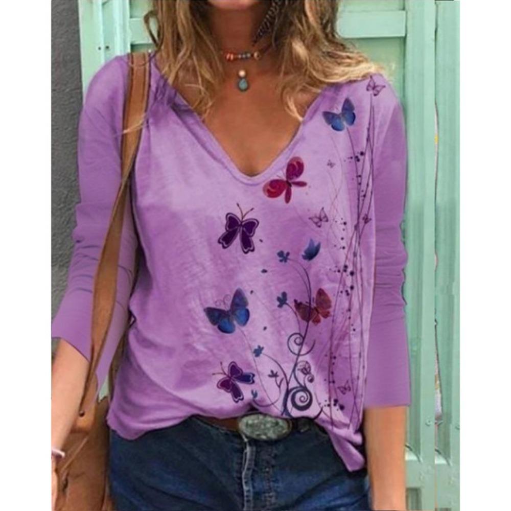Футболка с длинными рукавами и V-образным вырезом, выполненная с цифровой печатью, для женщин, красивая и очаровательная, становится лидером в индустрии моды.