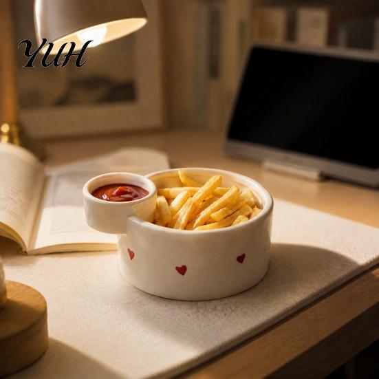 Ceramic Snack Bowl French Fries with Sauce Dipping Compartment, Heat Resistant Decorative Appetizer Server, Microwave Safe Dual Section Dish