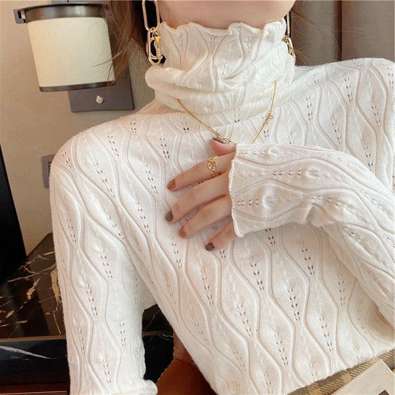 New Turtleneck Long Sleeved Fashion Pullover Sweater Pile Collar Women Basic Shirt Autumn Winter Inner Hollow Out Knitted Sweaters Slim Fit Thin Top