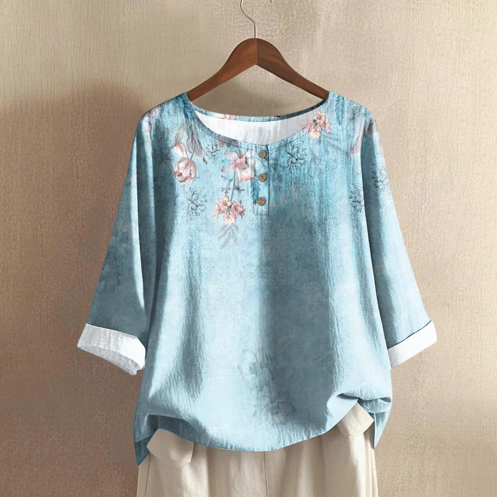 Женский повседневный топ с рукавом три четверти, круглым вырезом, градиентным принтом, из хлопка и льна