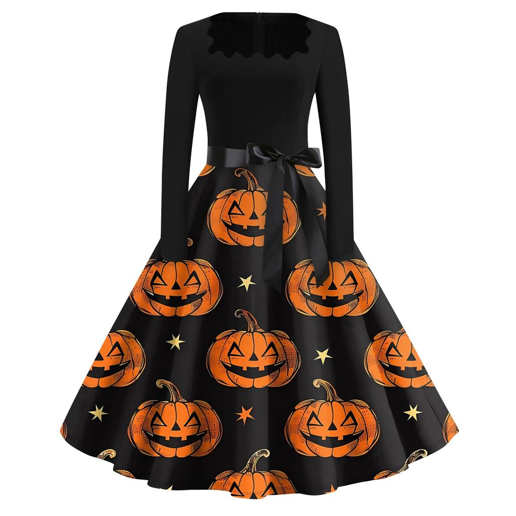 Платье с расклешенным принтом на Хэллоуин для женщин, платье с длинным рукавом, полые вечерние повседневные платья