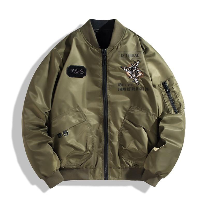 Mens Reversible Bomber Jacket With Embroidery Loose Fit Windproof Water-Resistant Fall Outdoor Casual Wear