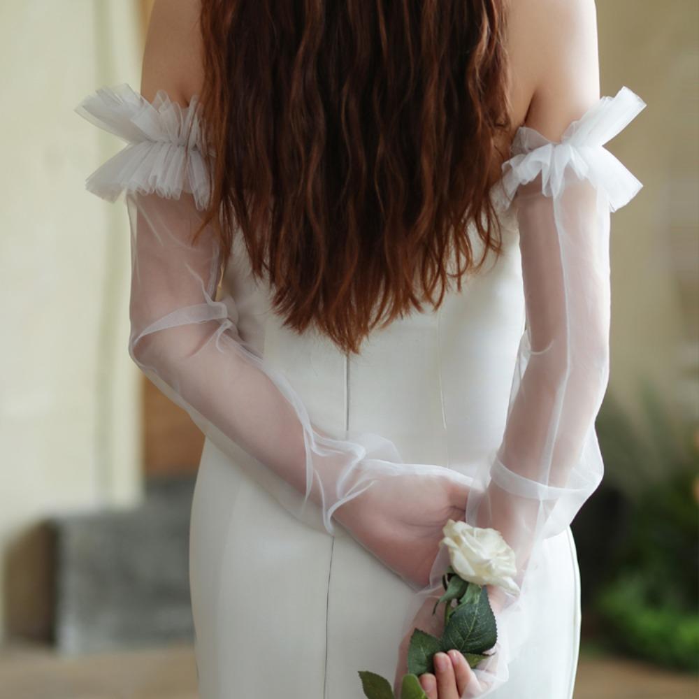 Korean Style Wedding Long Sleeves Solid Color Pleated Lace Arm Covers Bridal Arm Sleeves Female