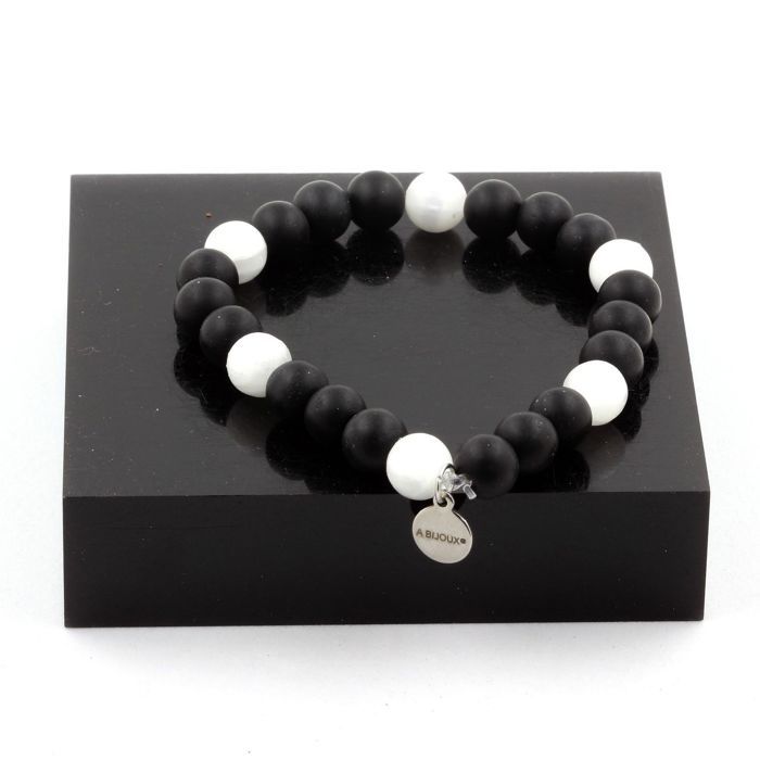 Stones and Minerals. Matte Black Onyx + Selenite from Morocco 8 Mm Pearl Bracelet. Made In France.