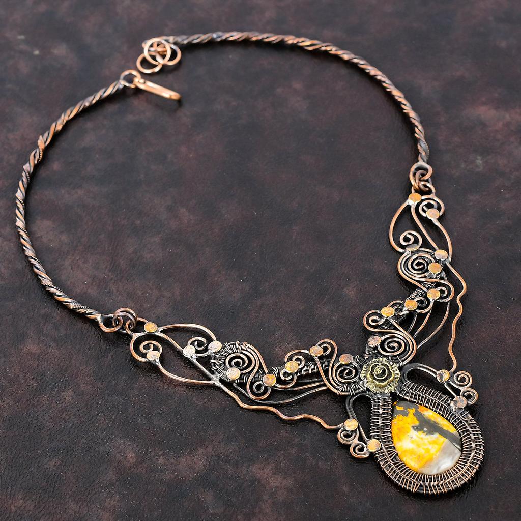 Ожерелье из яшмы шмеля, ожерелье из медной проволоки, регулируемое ожерелье, приличное ожерелье ручной работы, драгоценные камни, медные украшения, подарок для матери