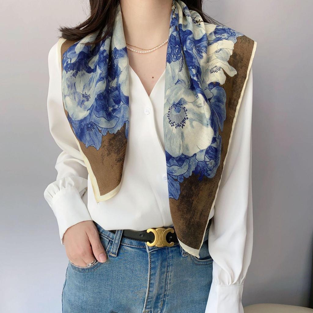 Korean Style Silk Square Scarf with Butterfly & Flower Print - Women's Fashion Accessory, Neck Tie, or Hair Scarf - Ideal Mother's Day Gift