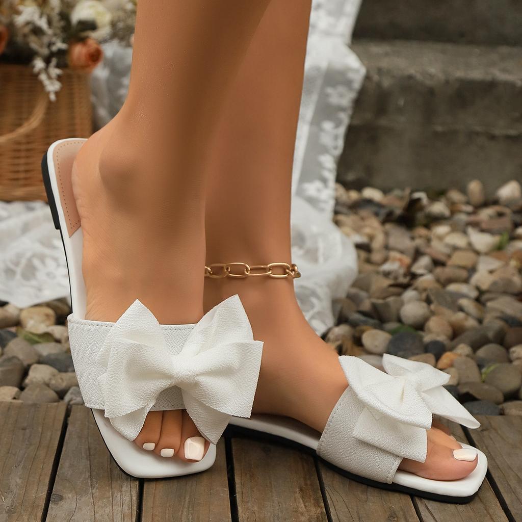 Модные тапочки большого размера с бантом, женские повседневные тапочки с открытым носком и плоской подошвой, новые летние женские тапочки