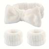 3 Pcs/set Fluffy Hairband Wristband, Solid Color Elastic Absorbent Bow Decor Headband Wristband For Washing Face & Makeup