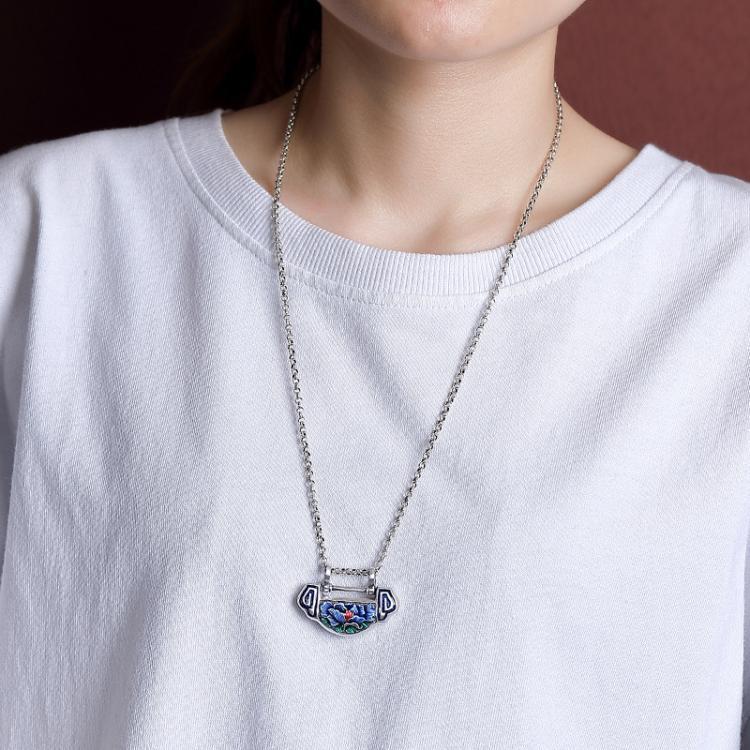 S990 Sterling Silver Cloisonné Lotus Ruyi Lock Flower Pendant Necklace - Ethnic Style Exquisite Design