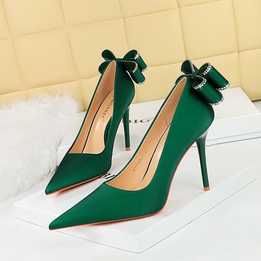 Fashionable Banquet High Heels Slim Heels Women's Shoes Shallow Mouth Pointed Toe, Back Bow Single Shoes