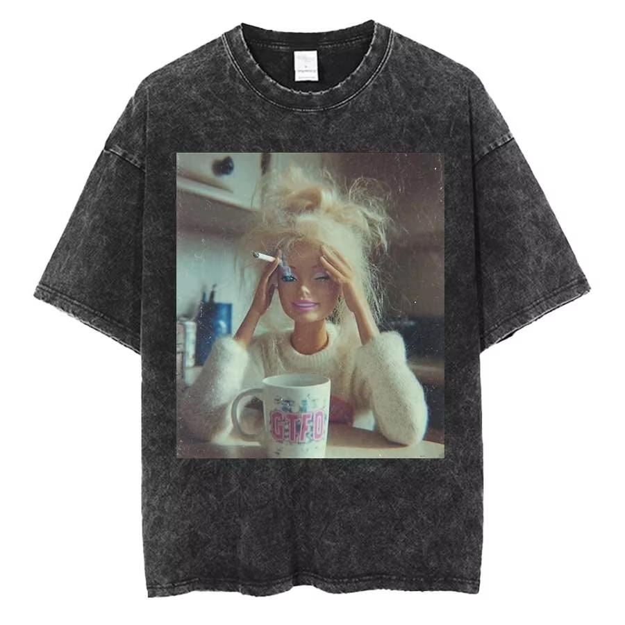 Funny Distressed Doll Face T-Shirt Vintage Washed Cotton Tee Unisex Short Sleeve Crew Neck Sarcastic Meme Gothic Streetwear Top Gift