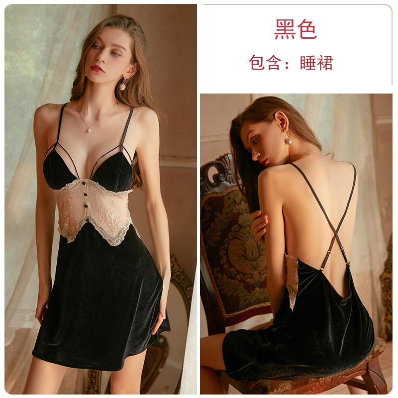 Women's Velvet Warm Push Up Padded Backless Cami Sleep Dress for Fall Winter