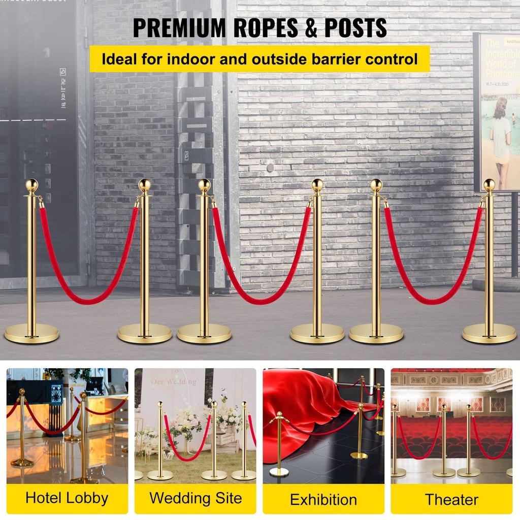 Velvet Ropes and Posts, 5 ft/1.5 m Red Rope, Stainless Steel Gold Stanchion with Ball Top, Red Crowd Control Barrier Used for Theaters, Party,