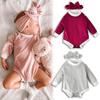 Newborn Baby Girls Long Sleeves Plain Color Corduroy Romper with Headband Clothes for 0-24 Months