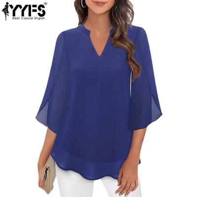 Женские модные повседневные летние весенние однотонные блузки и рубашки с рукавами 3/4 и v-образным вырезом с принтом