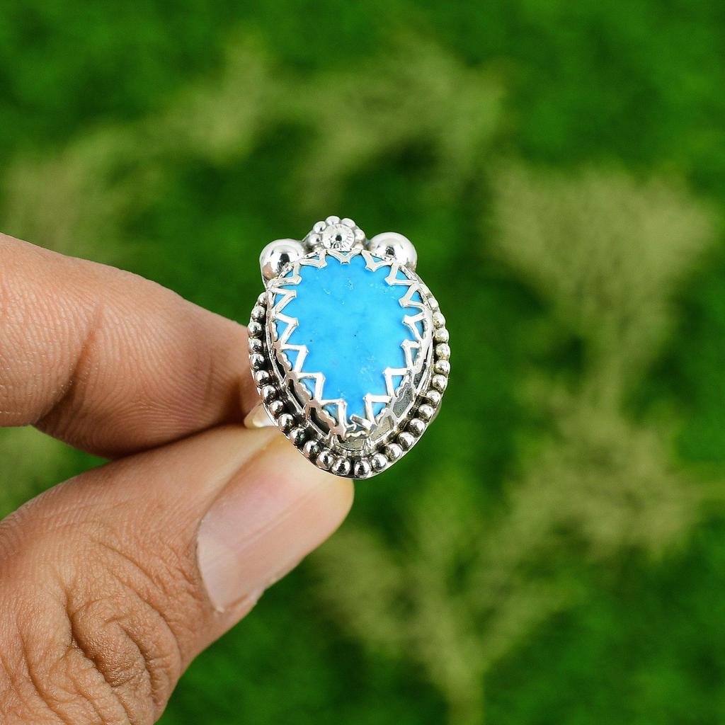 Natural Arizona Turquoise 925 Sterling Silver Bezel Multi Stone Engagement Ring