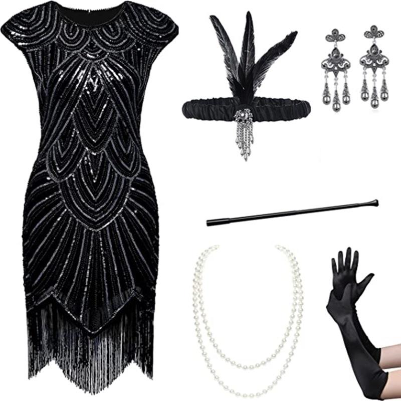 1920s Retro Sequin Flapper Dress with Tassels and Headdress Set