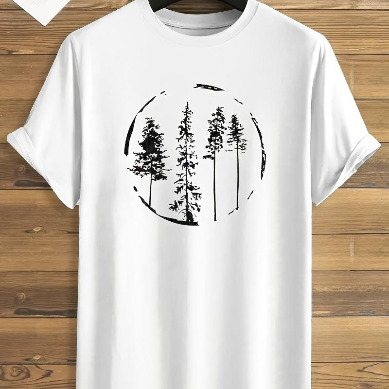 Circular Pine Tree Silhouette Print T-Shirt Breathable Cool, Comfortable Wear,Daily Casua