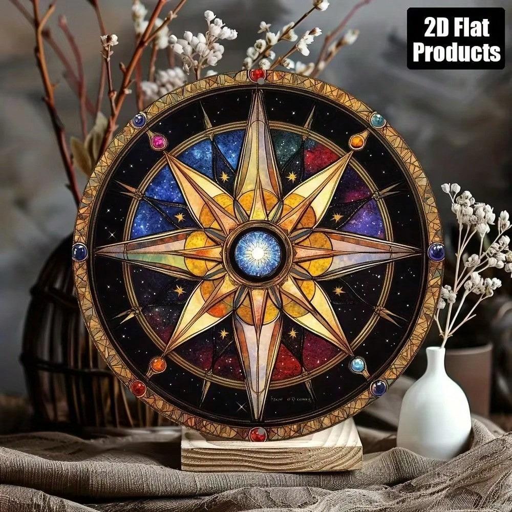 Boho Compass Rose Star Map Round Metal Sign Stained Glass Effect Wall Art Decor