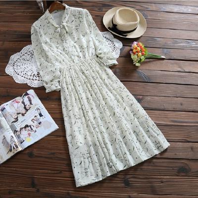 Mori Girl женское бежевое длинное платье с воротником-бабочкой и цветочным принтом, милое платье, элегантное шифоновое плиссированное платье