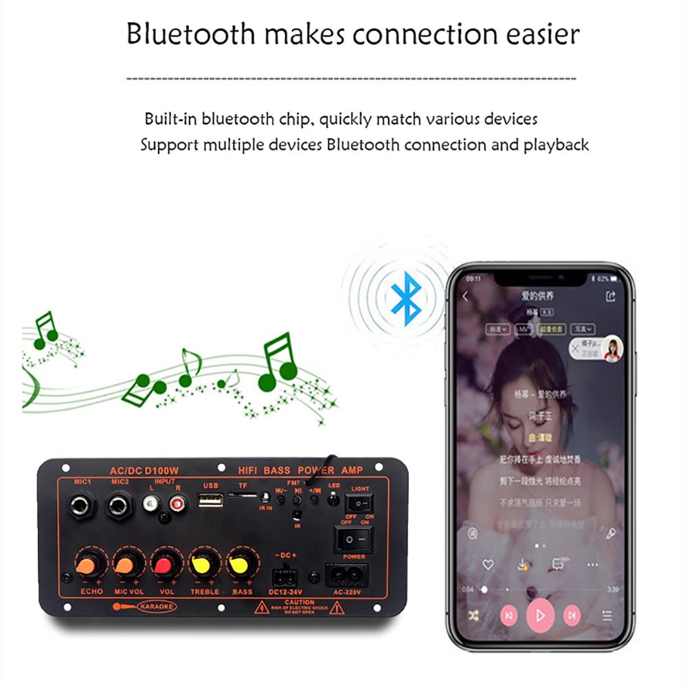 200W AC 220V 12V 24V Digital Bluetooth Stereo Amplifier Board Subwoofer Dual Microphone Karaoke Amplifiers For 8-12 Inch Speaker