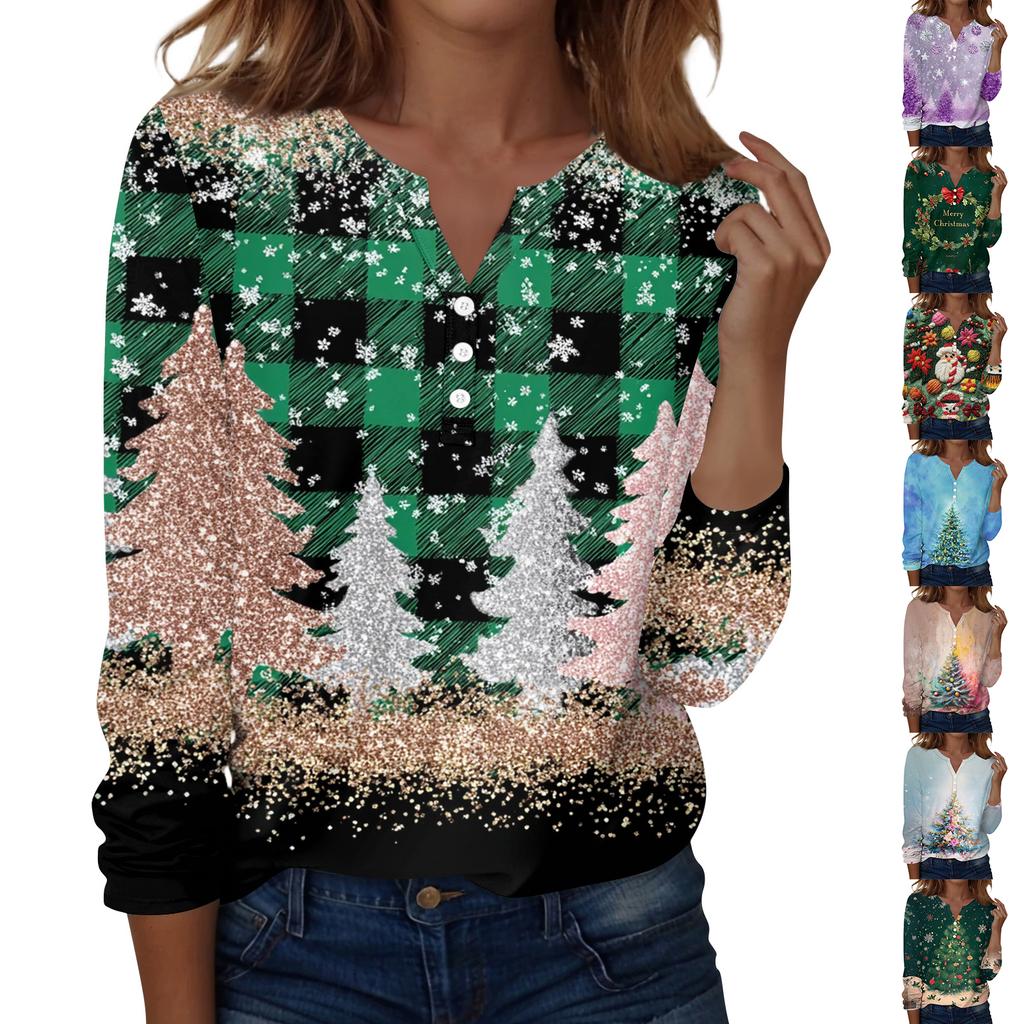 Women's Fashion Casual V-Neck Long Sleeve Decorative Button Christmas Print Top
