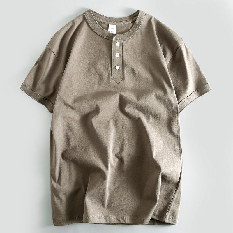 Export Short-Sleeved T-shirt Henry Collar Three-Button Summer Pure Cotton Men's Half Sleeve Wear Bottoming Shirt Tail Goods Cut Label T-shirt Fashion