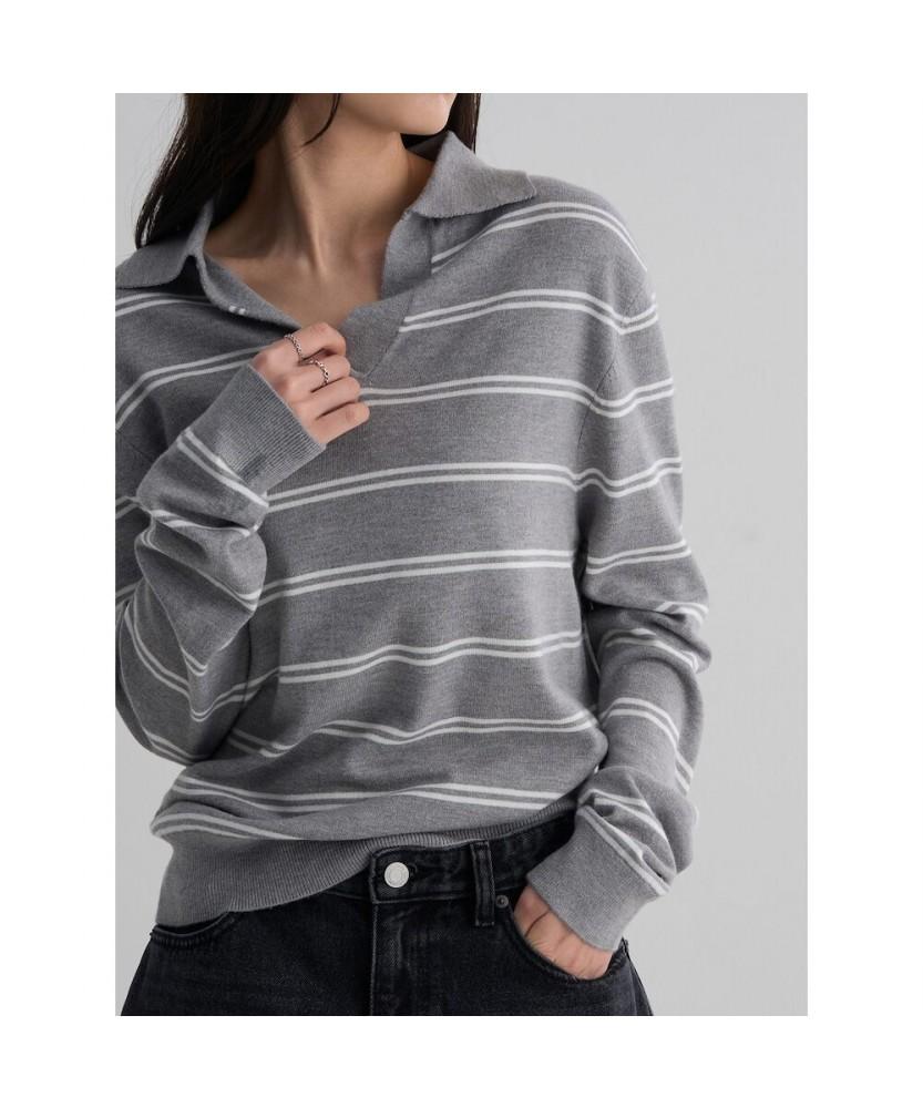 8SECONDS Striped Collar Neck Pullover Light Gray