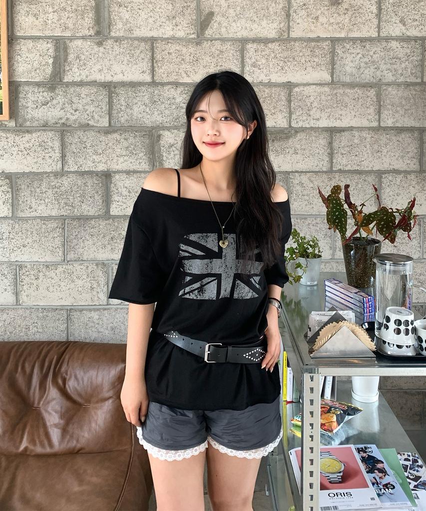 AWESOME STUDIO Union Jack One-Shoulder T-Shirt Black