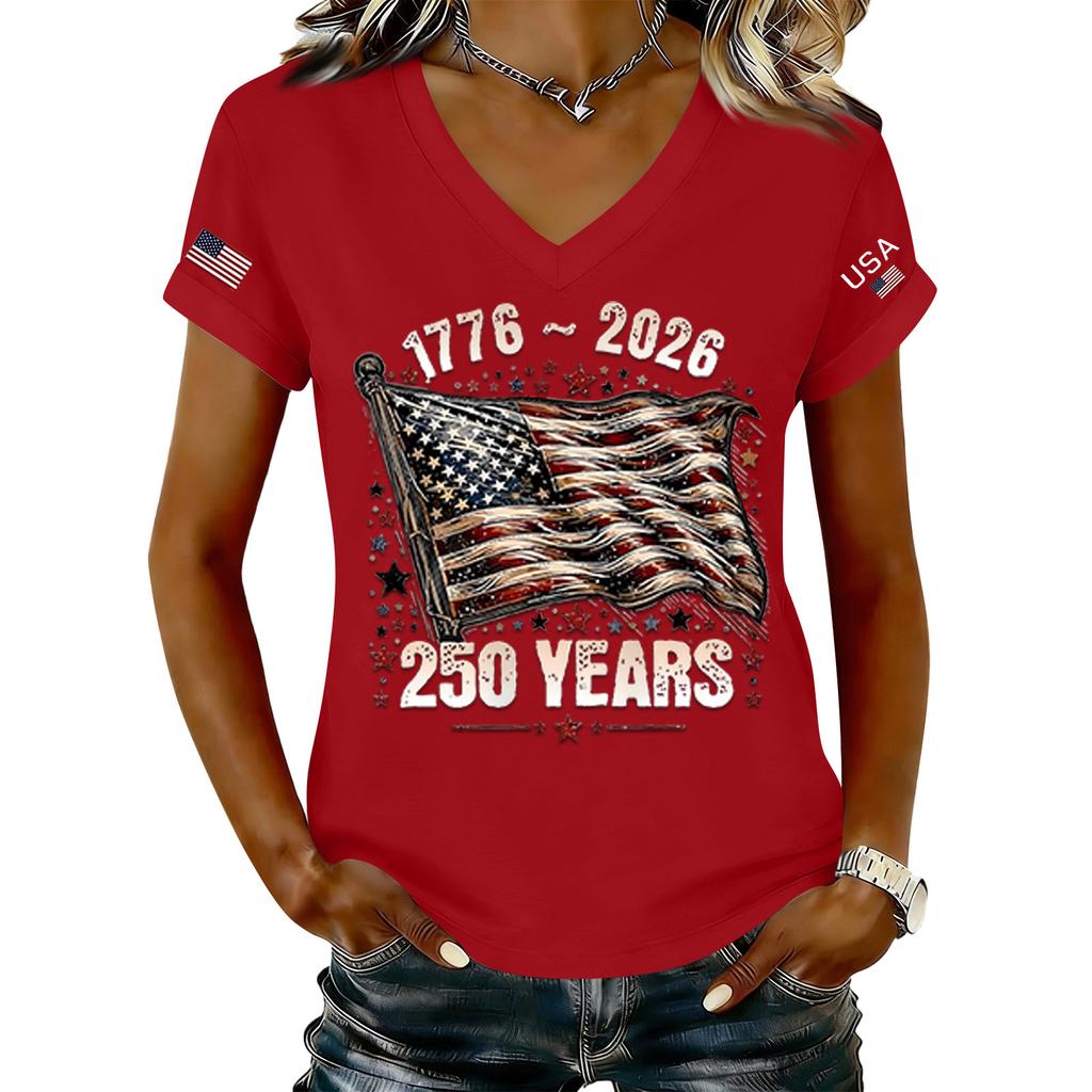 Women's Fashionable V-Neck Casual Retro Print Short Sleeved T-shirt Top