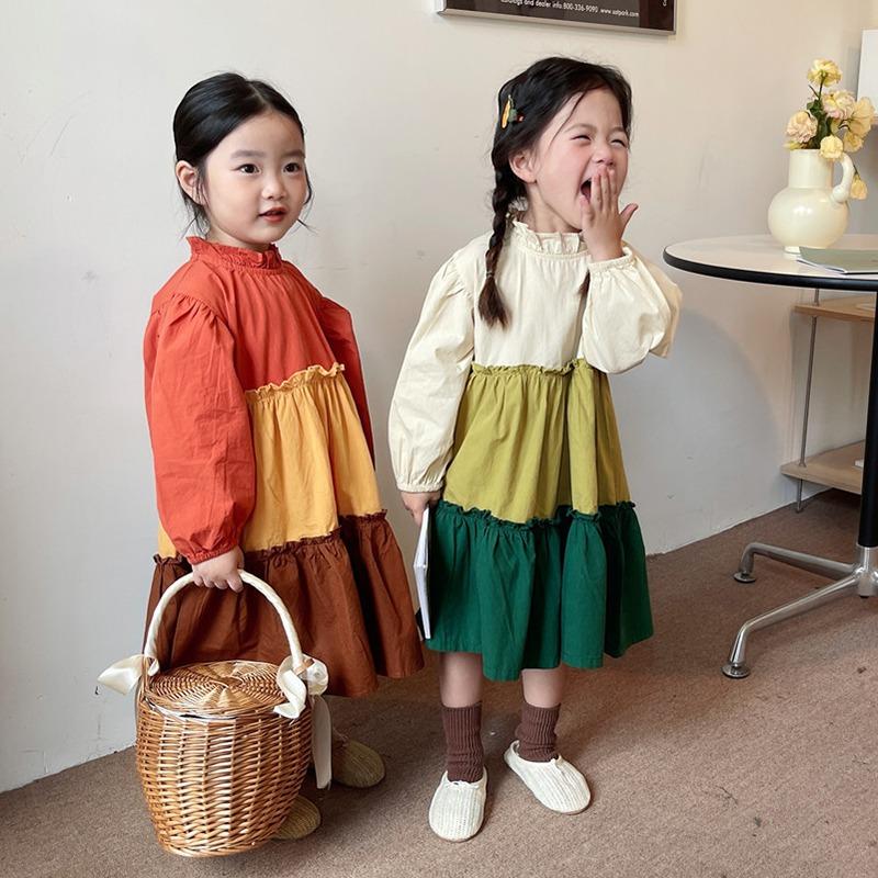 Платье с длинными рукавами для девочек, весна и осень, однотонное лоскутное платье