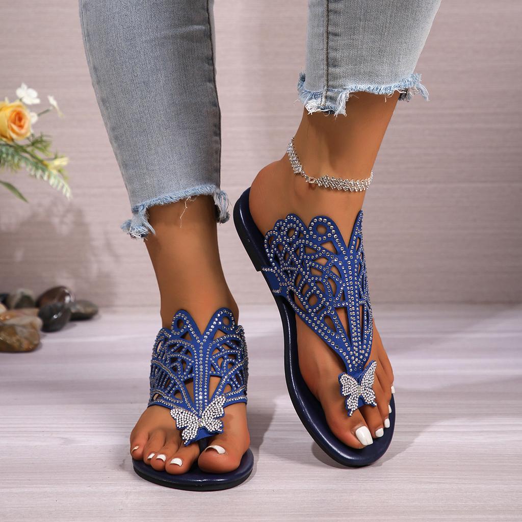 2025 new toe flat bottom fashion slippers women's rhinestone butterfly beach flip-flops large size Slippers