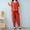 Женский комплект из хлопка и льна, повседневный комплект из 2 предметов: топ с короткими рукавами, круглым вырезом и длинными брюками с карманами, летний свободный домашний костюм