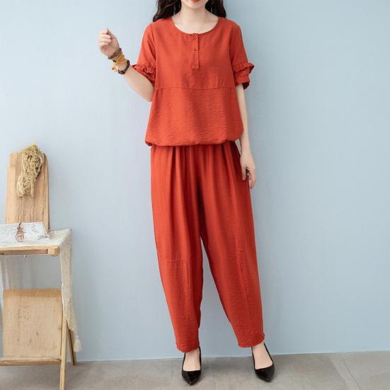 Женский комплект из хлопка и льна, повседневный комплект из 2 предметов: топ с короткими рукавами, круглым вырезом и длинными брюками с карманами, летний свободный домашний костюм
