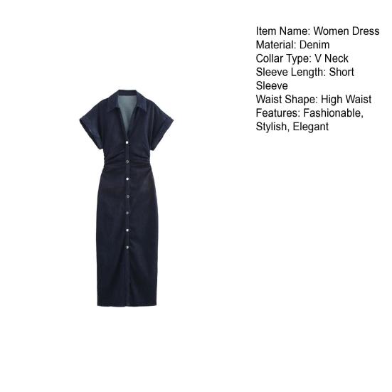 Женское макси-джинсовое платье с застежкой на пуговицы, коротким рукавом, длинное джинсовое платье с V-образным вырезом и складками на талии, платье-рубашка А-силуэта