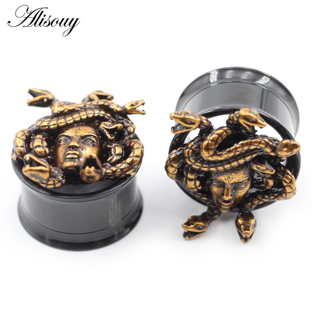 Alisouy 2PCS Нержавеющая сталь Змеиное лицо Череп Ушные туннели Заглушки Расширитель Расширитель Расклешенные Измерители Серьги Пирсинг Украшения для тела