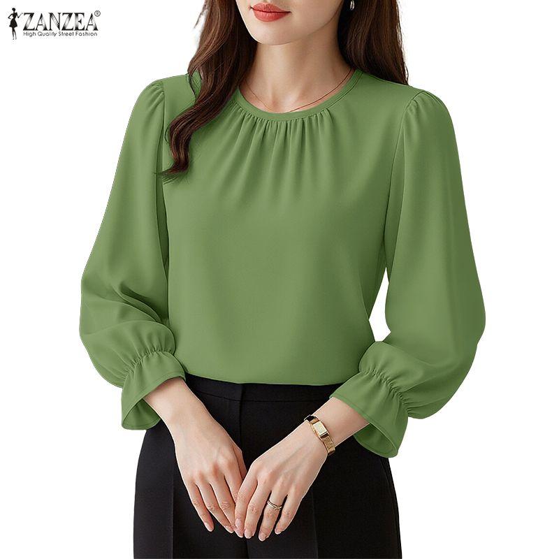 ZANZEA Women Casual Round Neck Loose Long Sleeve Plain Blouse