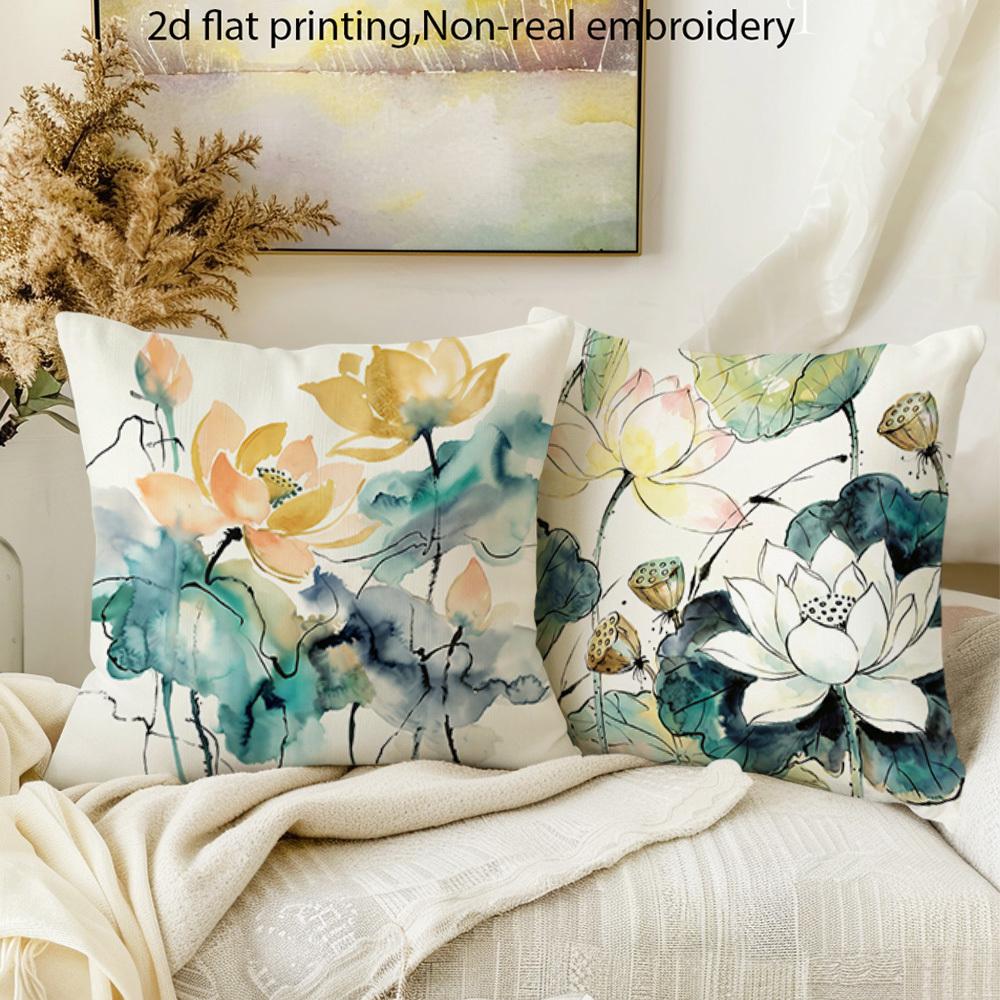 4Pcs Double-Sided Printed Pillow Covers, Ink Wash Lotus & Botanical Print Cushion Cases, Cozy Zen Home Decor Bedroom Living Room