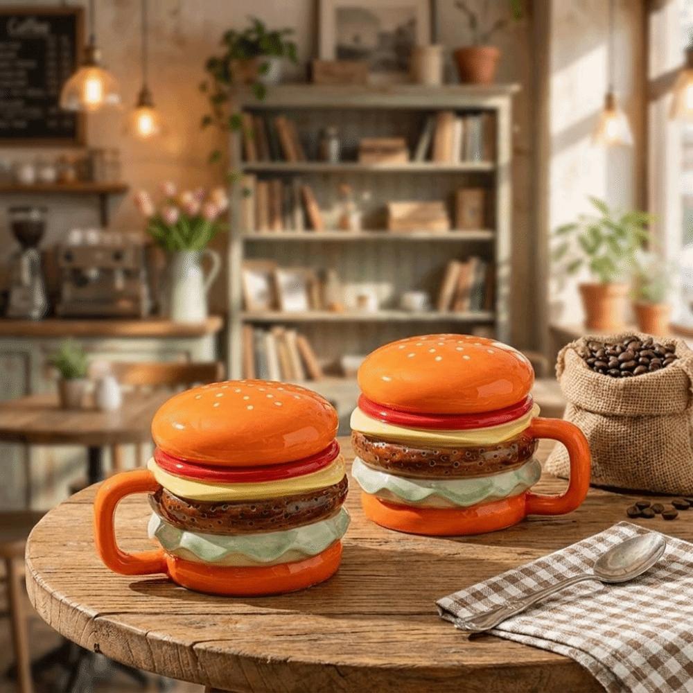 Bright Fun Colors Burger-Shaped Ceramic Mug Cartoon Coffee Cup Hamburger Mug Birthday Gift