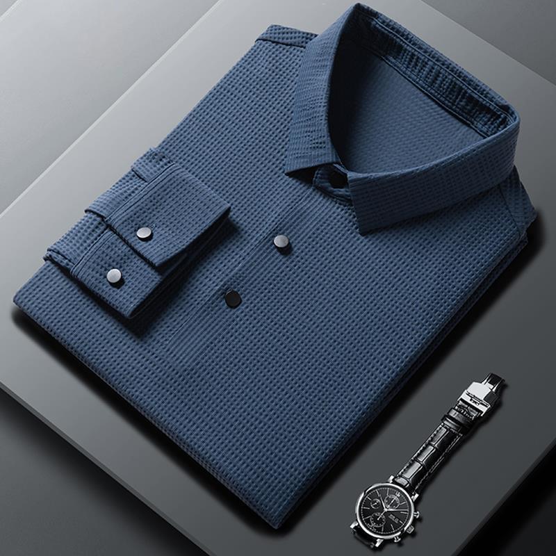 Осенняя новинка, однотонная сетка, мужская повседневная модная рубашка-поло с длинными рукавами для мужчин среднего возраста