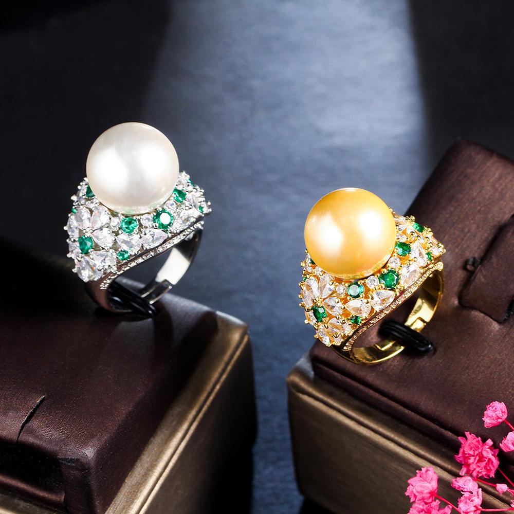 Ювелирные изделия CMM Регулируемый зеленый кубический цирконий большой искусственный жемчуг обручальные кольца для женщин CZ ювелирные изделия для свадебной вечеринки