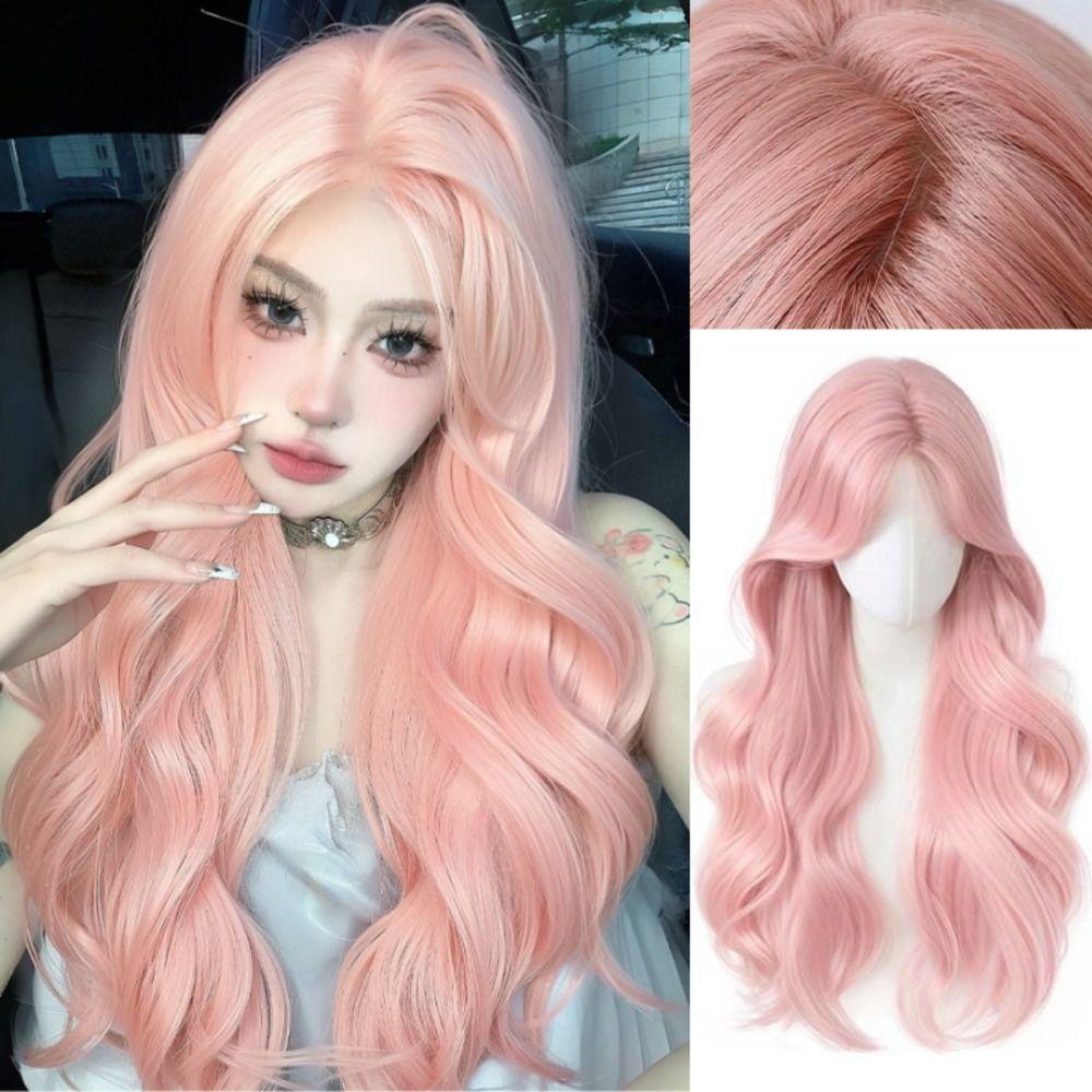 Fashionable Pink Synthetic Wigs Elegant Cosplay Lolita Wigs Long Wavy Curly Wig Role-playing