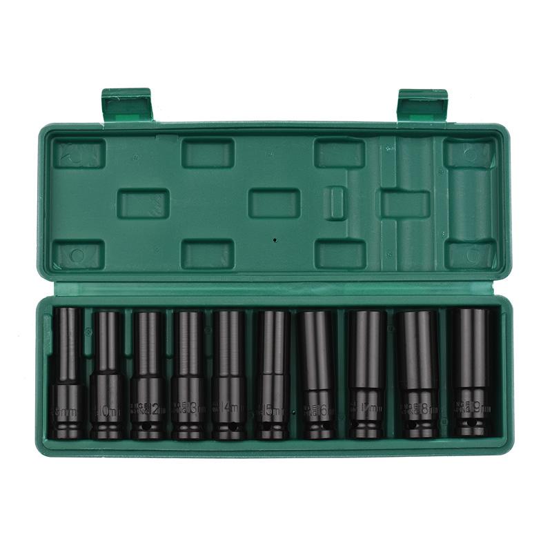 Набор из 10 удлиненных шестигранных торцевых головок для пневматических пушек/пневматических электрических ударных гайковертов/ключей с трещоткой Big Fly с ящиком для хранения