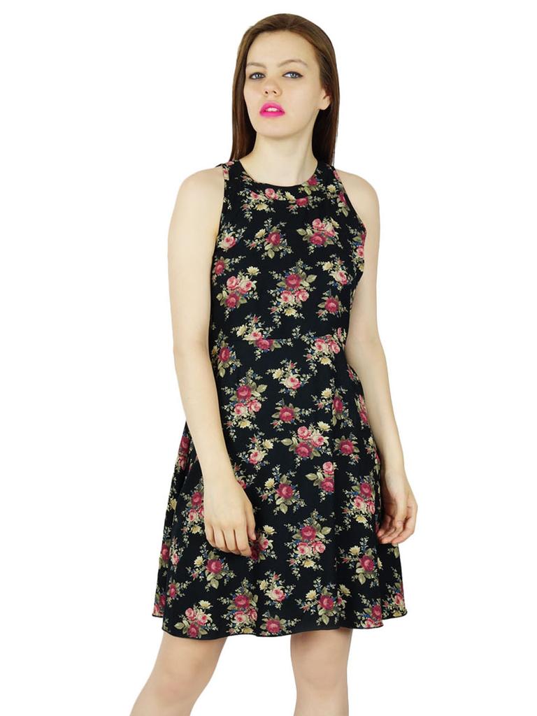 Bimba Women Black Floral Rayon Dress Sleeveless Classic Chic Summer Clothing