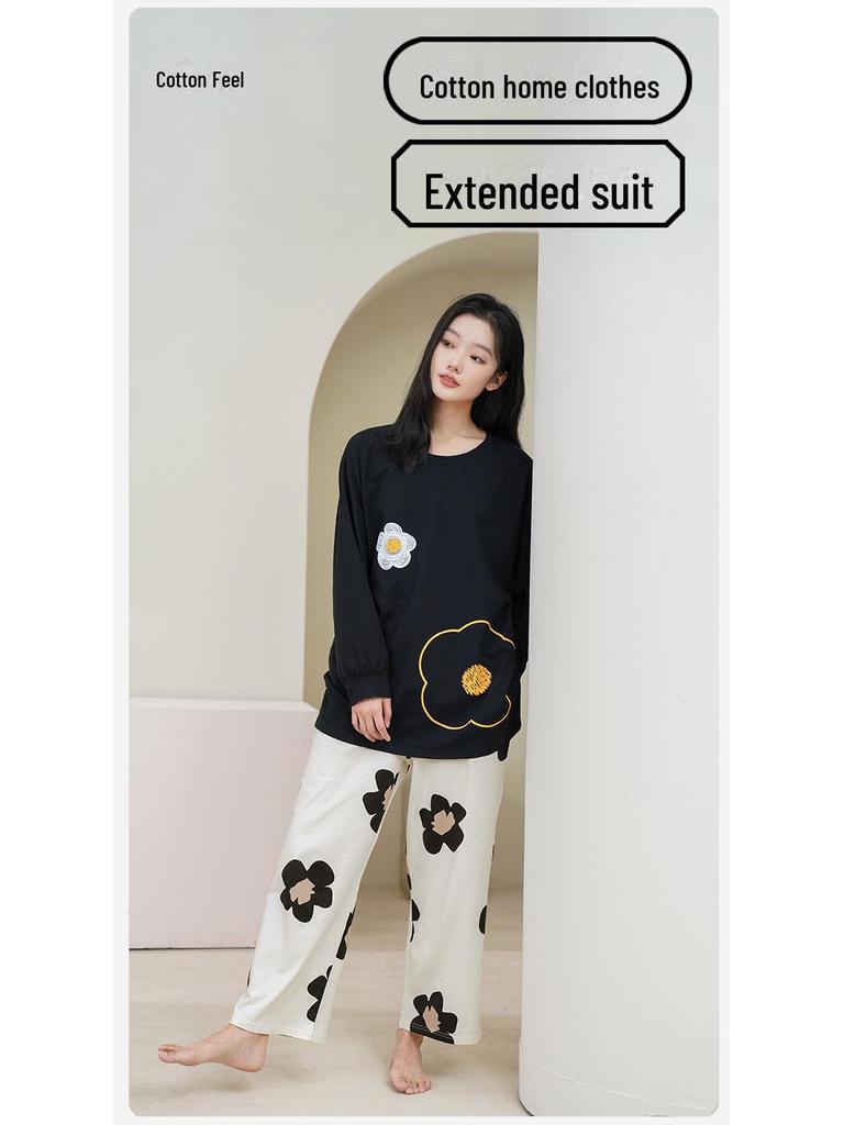 Женский пижамный комплект из чистого хлопка с длинными рукавами и нагрудными накладками — большой размер, весна/осень 2025 г.