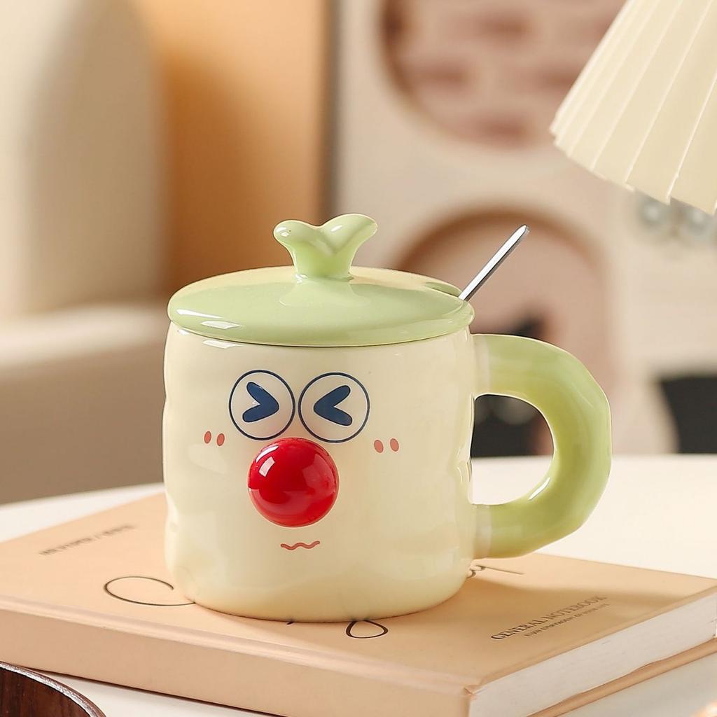 Cute Cartoon Ceramic Water Cups Couple Covered Mugs  Funny Expression Cups  Practical Gift Cups for Girls
