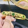 Italian Handmade Buchia Silk Set with Diamond Opening Bracelet, Women's Woven Pattern Carved Gold Imitation Emerald Zircon Bracelet