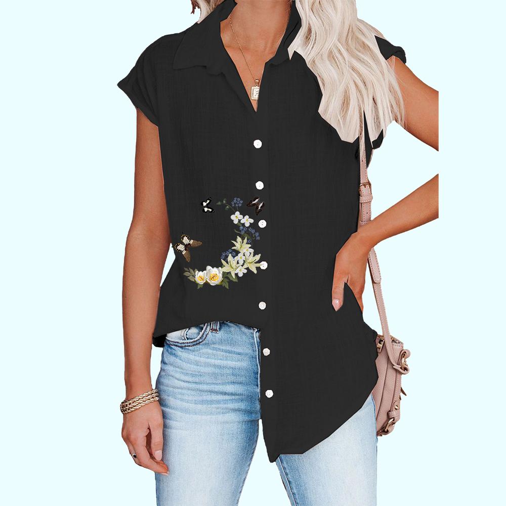 Женская модная футболка без рукавов, тонкая повседневная блузка с цветочным принтом, женская рубашка на пуговицах
